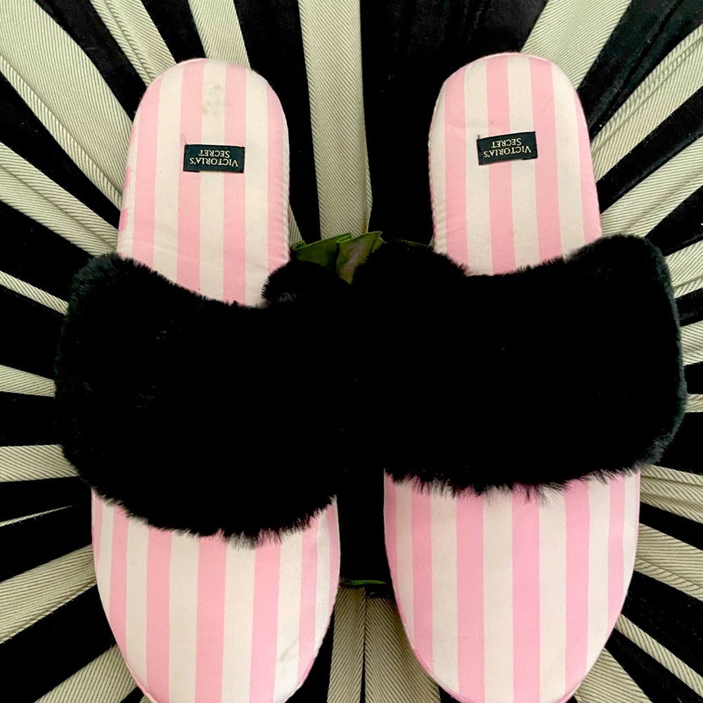 Victoria’s Secret Fur  satin  pink white stripe slippers.